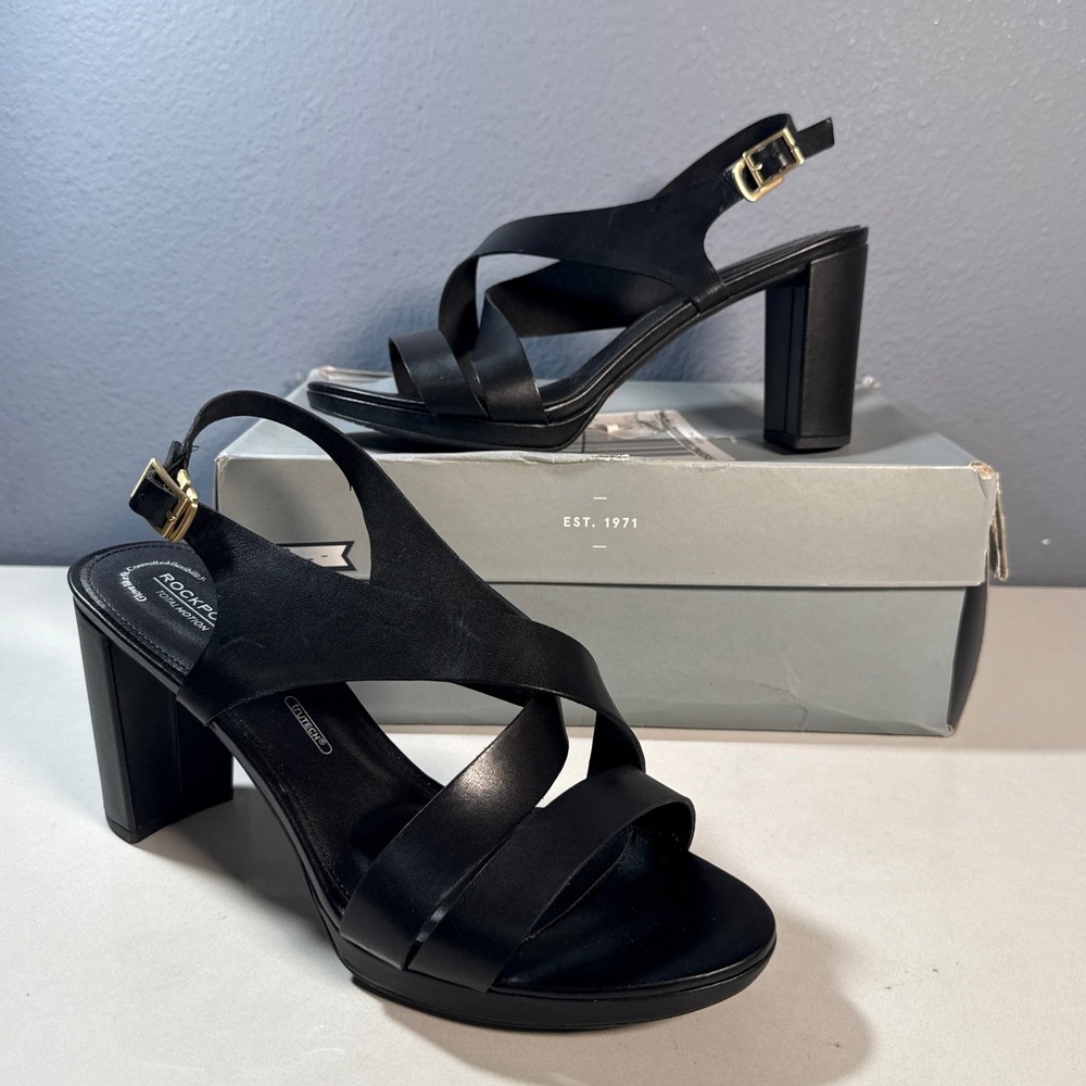 Rockport Total Motion Heel Sandals Women 9W Black Excellent Leather Slingback
